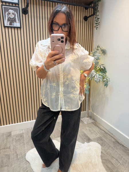 Embroidered Silky sheer Puff sleeve blouse