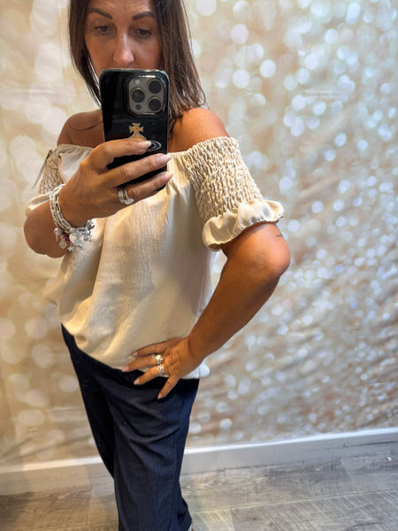 Bardot Shirred Shoulder Top
