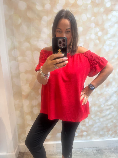 Bardot Shirred Shoulder Top