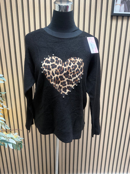 Soft Knit Leopard Heart jumper