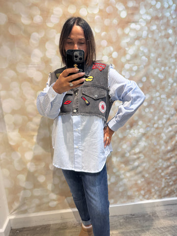 Studio pinstripe / badged denim shirt