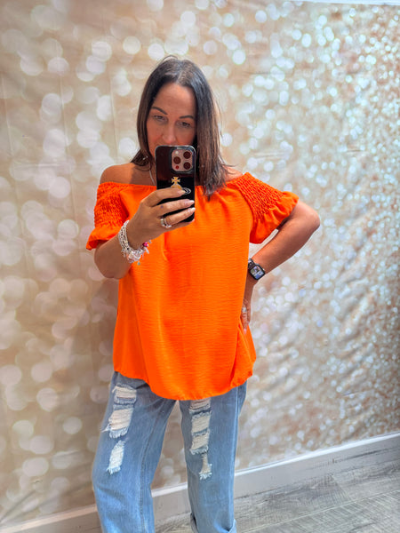 Bardot Shirred Shoulder Top