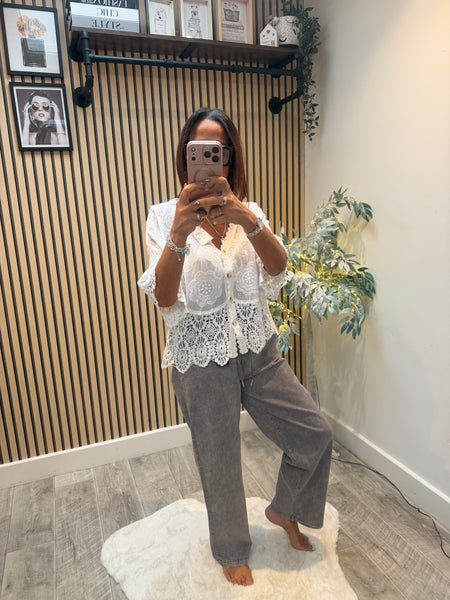 Embroidered Button Front Top