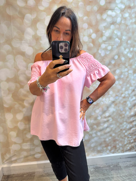 Bardot Shirred Shoulder Top