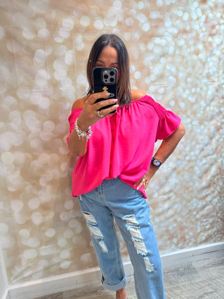 Bardot Shirred Shoulder Top