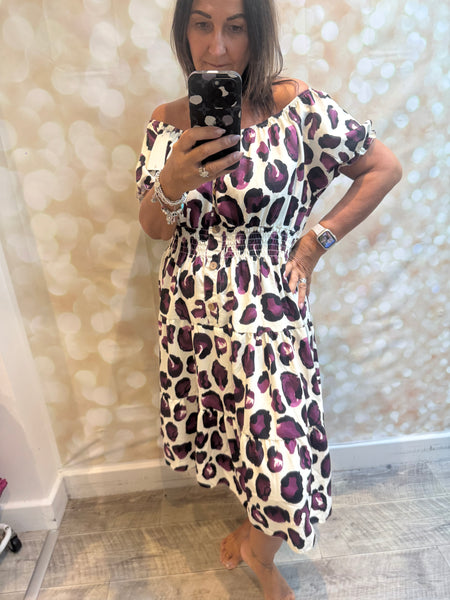 Leopard Bardot off the shoulder dress