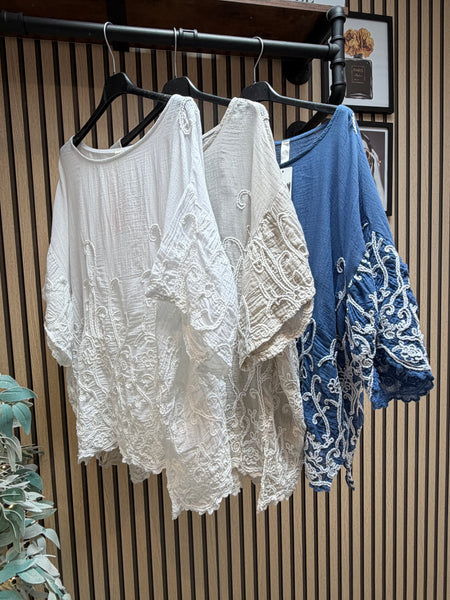 Embroidered Scalloped Hem Tunic/Top