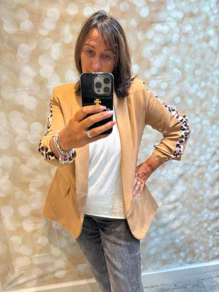 Rouched Sleeve Blazer with leopard stripe