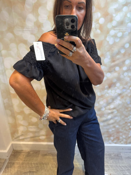 Bardot Shirred Shoulder Top