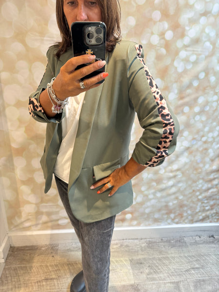 Rouched Sleeve Blazer with leopard stripe