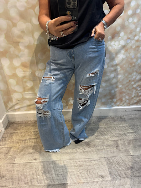 Ripped Denim Wide Leg Jeans