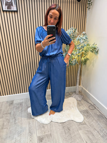 Denim Palazzo / Bardot Top Set