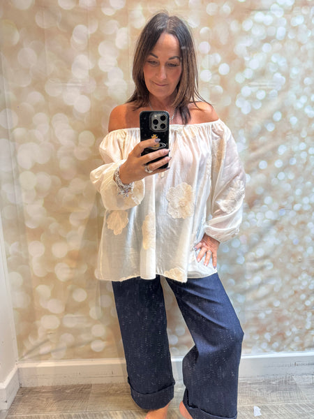 Silky Sheer Bardot Applique Top