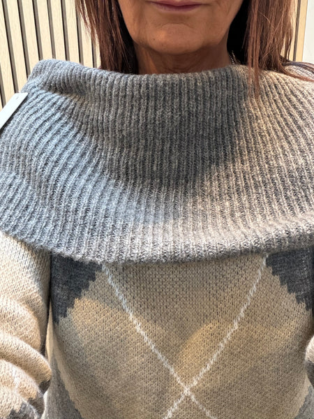 Chunky Knit knit Off the Shoulder Argyle Jumper