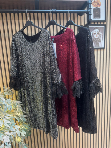 Sequin Shift Dress with feather trim