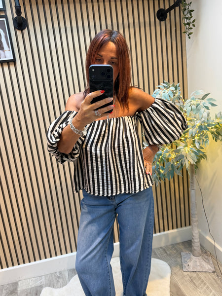 Striped Bardot Top Puff  sleeves