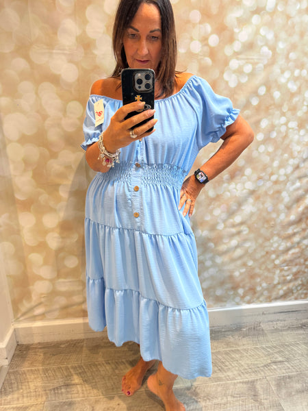 Crinkle fabric Bardot off the shoulder dress