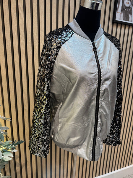 Studio  Pleather Bomber Jacket with sequin sleeves