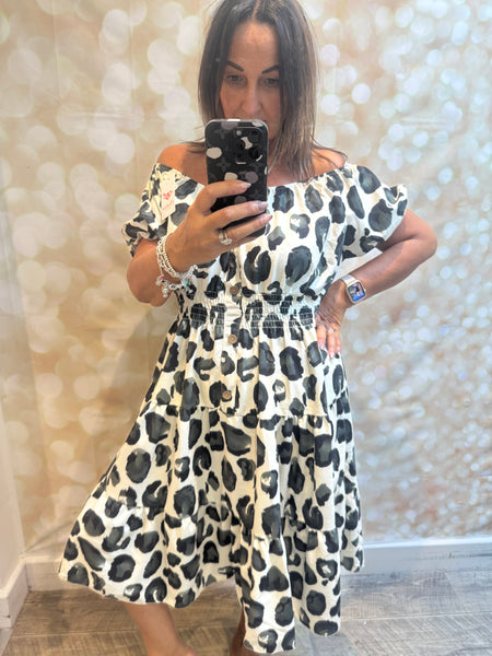 Leopard Bardot off the shoulder dress