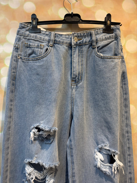 Ripped Denim Wide Leg Jeans