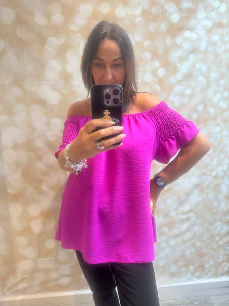 Bardot Shirred Shoulder Top