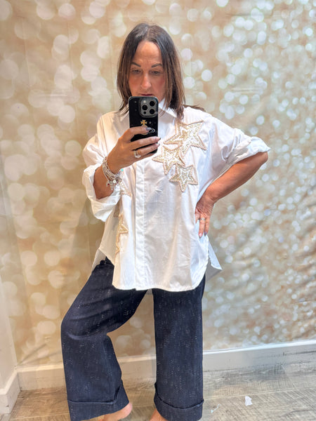 Wide leg Stretch Denim Trousers