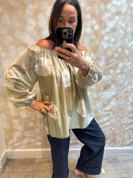 Silky Sheer Bardot Applique Top