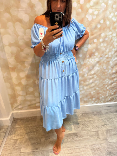 Crinkle fabric Bardot off the shoulder dress