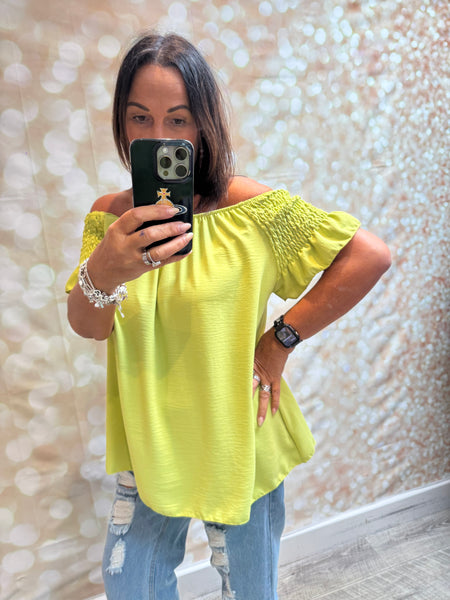 Bardot Shirred Shoulder Top