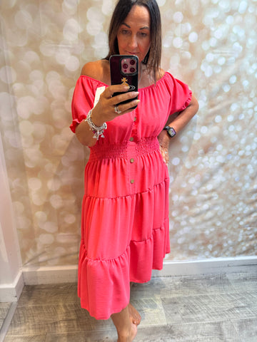 Crinkle fabric Bardot off the shoulder dress