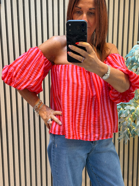 Striped Bardot Top Puff  sleeves