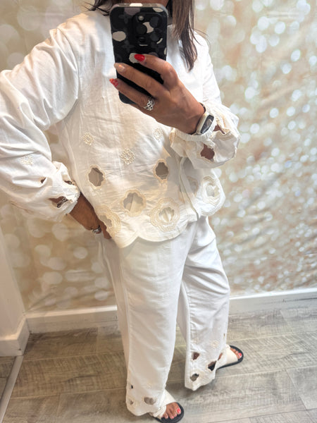 2 Piece Cut Out Embroidered Palazzo Trouser / Shirt set