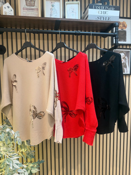 Studio  Ribbed Sequin Bow Jumper