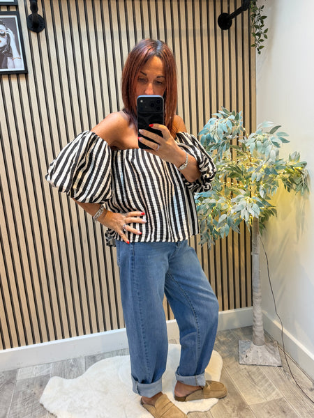 Striped Bardot Top Puff  sleeves