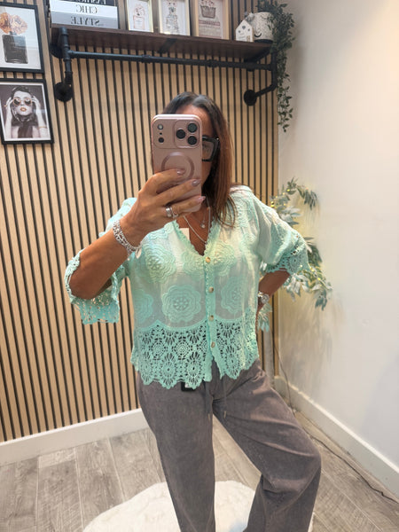 Embroidered Button Front Top