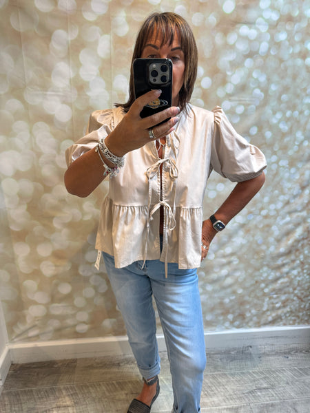 Peplum Tie Front Top