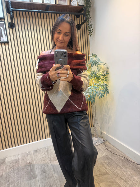 Chunky Knit knit Off the Shoulder Argyle Jumper