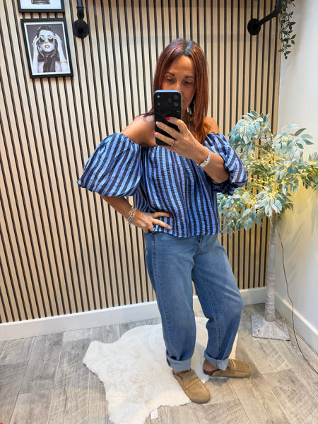 Striped Bardot Top Puff  sleeves