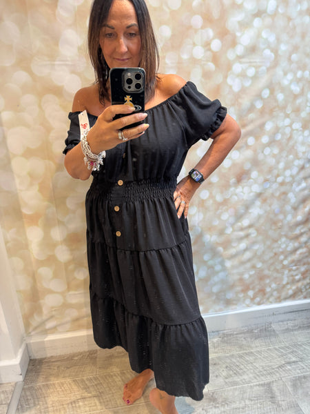Crinkle fabric Bardot off the shoulder dress