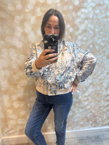 Silky Embossed Blue Bomber Jacket