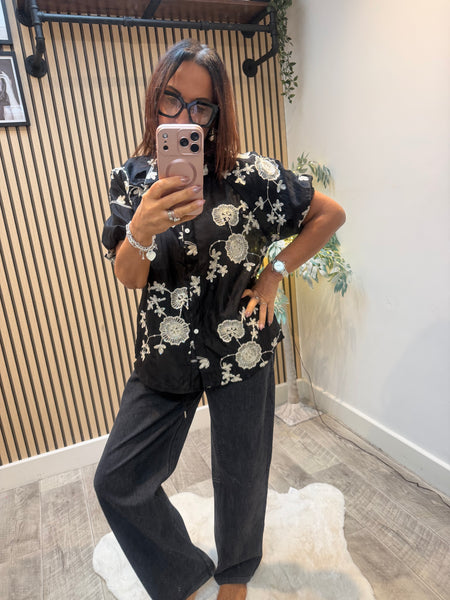 Embroidered Silky sheer Puff sleeve blouse