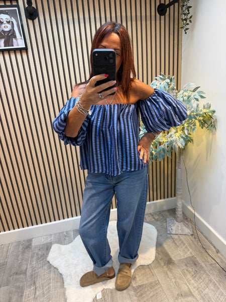 Striped Bardot Top Puff  sleeves