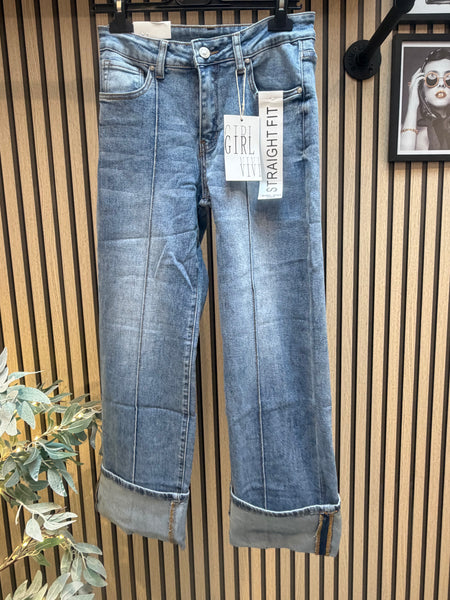 Seamed Straight Leg  Stretch Denim Jeans