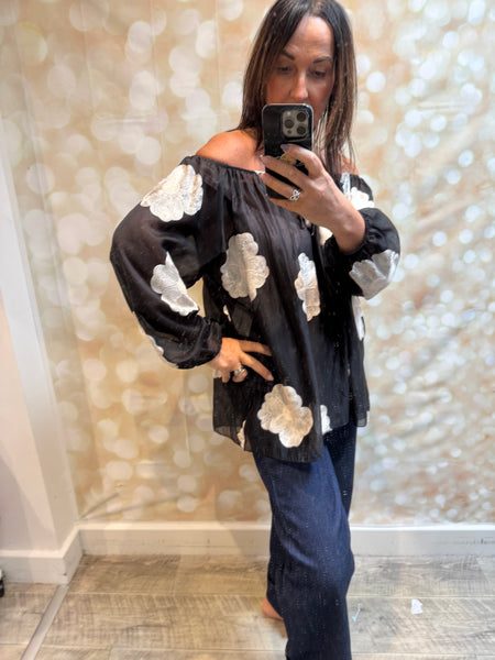 Silky Sheer Bardot Applique Top