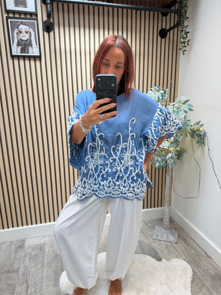 Embroidered Scalloped Hem Tunic/Top