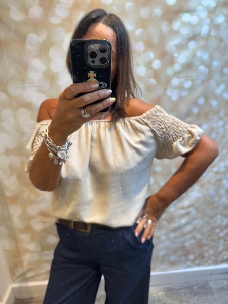 Bardot Shirred Shoulder Top