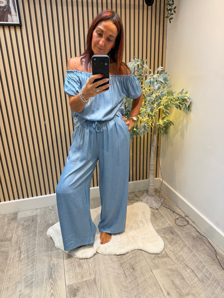 Denim Palazzo / Bardot Top Set