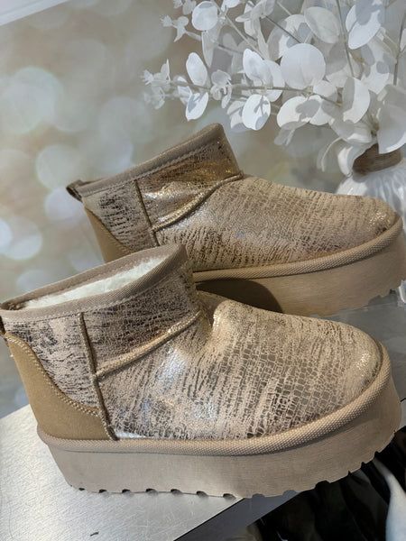 Metallic Fur Lined Wedge Midi Boot