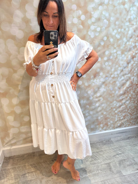 Crinkle fabric Bardot off the shoulder dress