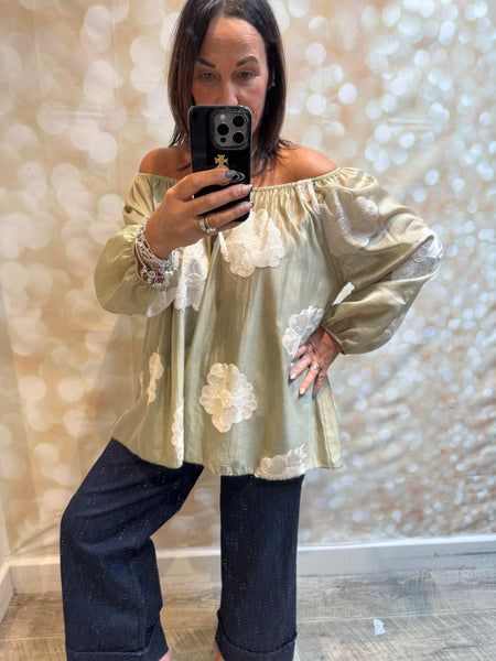 Silky Sheer Bardot Applique Top